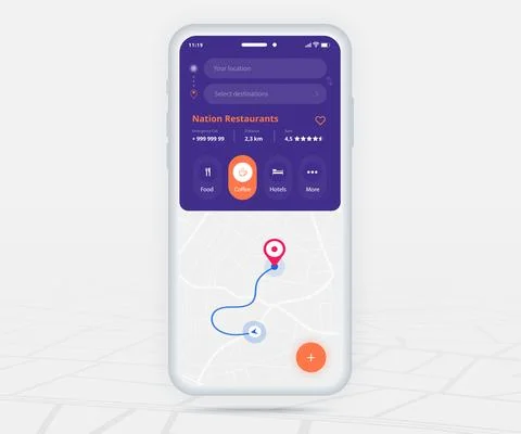 Map GPS navigation app ux ui concept, Mobile map application, Smartphone street Stock Illustration