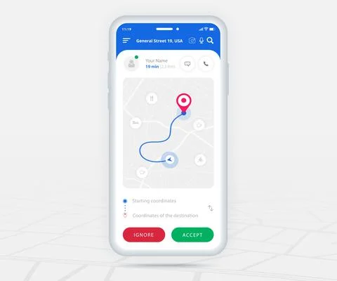Map GPS navigation app ux ui concept, Mobile map application, Smartphone street Stock Illustration