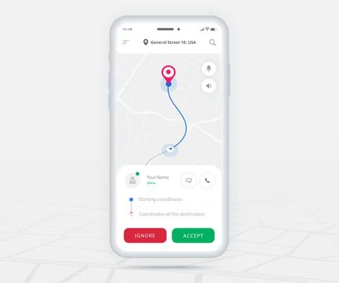 Map GPS navigation app ux ui concept, Mobile map application, Smartphone street Illustrazione stock