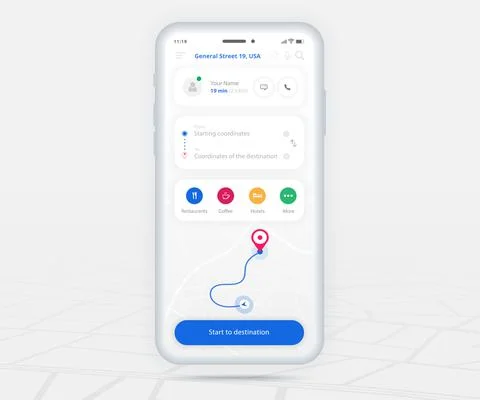 Map GPS navigation app ux ui concept, Mobile map application, Smartphone street Illustrazione stock