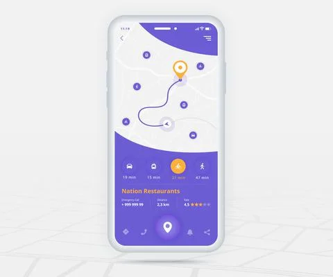 Map GPS navigation app ux ui concept, Mobile map application, Smartphone street Stock Illustration