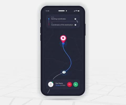 Map GPS navigation app ux ui dark mode Mobile map application, Smartphone street Stock Illustration