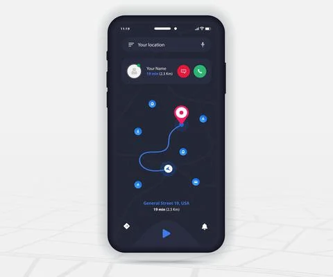 Map GPS navigation app ux ui dark mode Mobile map application, Smartphone street Stock Illustration