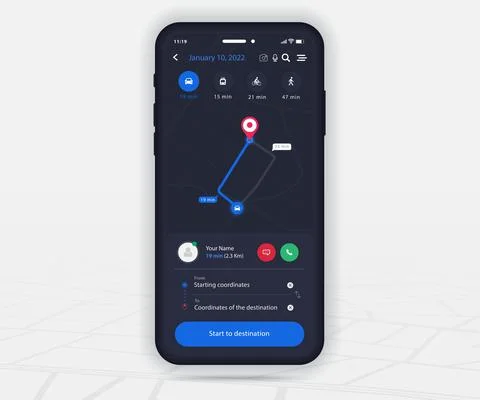 Map GPS navigation app ux ui dark mode Mobile map application, Smartphone street Stock Illustration