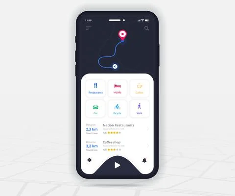 Map GPS navigation app ux ui dark mode Mobile map application, Smartphone street Illustrazione stock