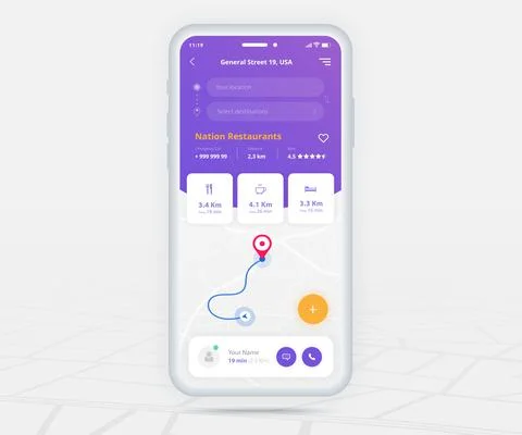 Map GPS navigation app ux ui concept, Mobile map application, Smartphone street Stock Illustration