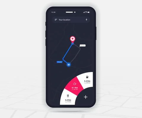 Map GPS navigation app ux ui dark mode Mobile map application, Smartphone street Stock Illustration