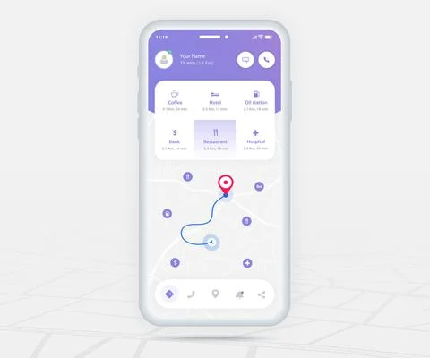 Map GPS navigation app ux ui concept, Mobile map application, Smartphone street Stock Illustration