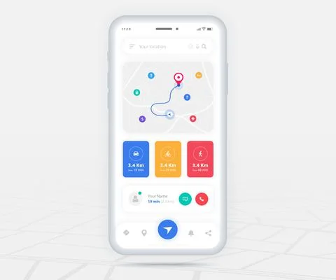 Map GPS navigation app ux ui concept, Mobile map application, Smartphone street Stock Illustration