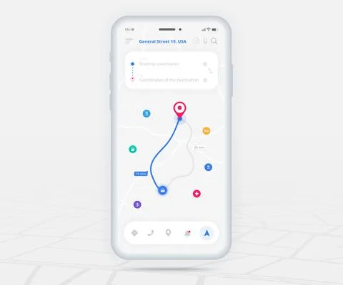 Map GPS navigation app ux ui concept, Mobile map application, Smartphone street Stock Illustration