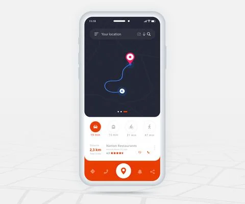 Map GPS navigation app ux ui concept, Mobile map application, Smartphone street Illustrazione stock