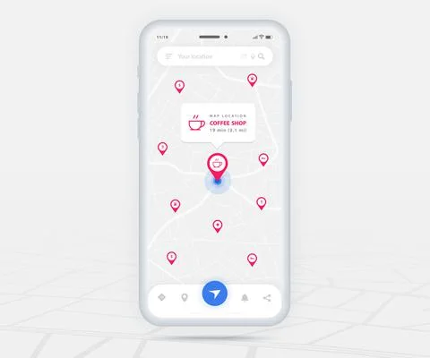 Map GPS navigation app ux ui concept, Mobile map application, Smartphone street Stock Illustration