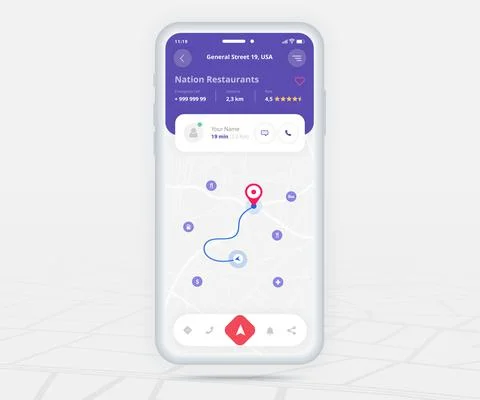 Map GPS navigation app ux ui concept, Mobile map application, Smartphone street Stock Illustration
