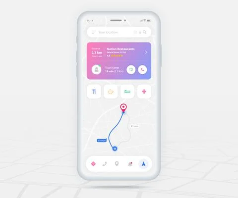 Map GPS navigation app ux ui concept, Mobile map application, Smartphone street Illustrazione stock