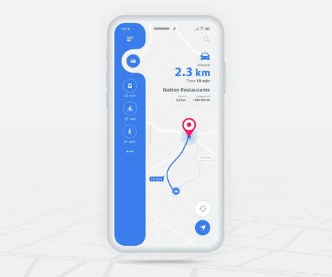 Map GPS navigation app ux ui concept, Mobile map application, Smartphone street Stock Illustration