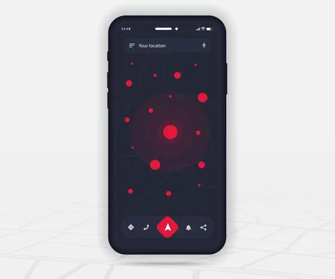 Map GPS navigation app ux ui dark mode Mobile map application, Smartphone street Stock Illustration