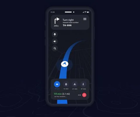 Map GPS navigation app ux ui dark mode Mobile map application, Smartphone street Illustrazione stock