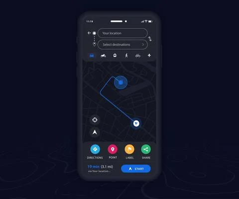Map GPS navigation app ux ui dark mode Mobile map application, Smartphone street Stock Illustration