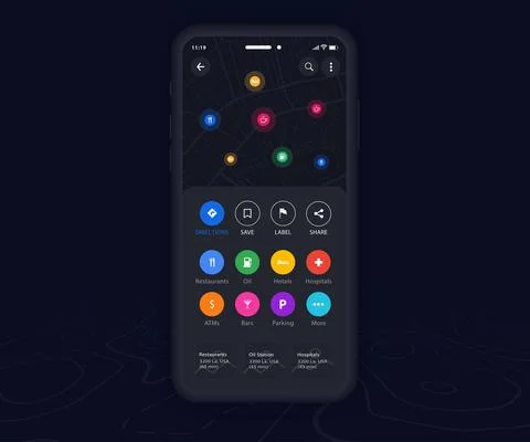 Map GPS navigation app ux ui dark mode Mobile map application, Smartphone street Stock Illustration