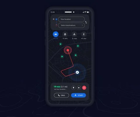 Map GPS navigation app ux ui dark mode Mobile map application, Smartphone street Illustrazione stock