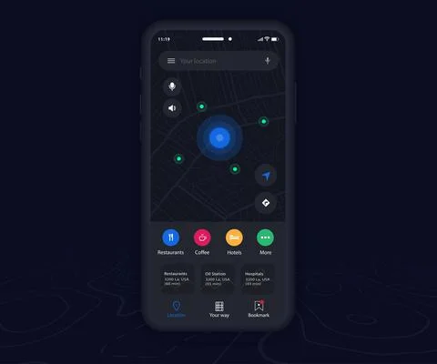Map GPS navigation app ux ui dark mode Mobile map application, Smartphone street Stock Illustration