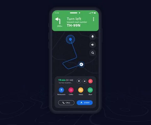 Map GPS navigation app ux ui dark mode Mobile map application, Smartphone street Stock Illustration