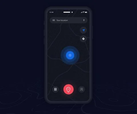 Map GPS navigation app ux ui dark mode Mobile map application, Smartphone street Stock Illustration