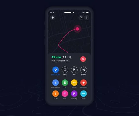 Map GPS navigation app ux ui dark mode Mobile map application, Smartphone street イラスト素材