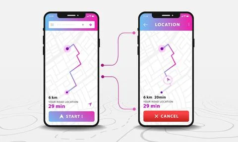 Map GPS navigation app ux ui concept, Mobile map application, Smartphone street Stock Illustration