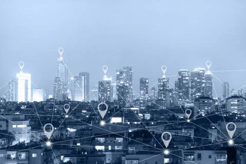 Map gps pin flat above blue tone city scape and network connection concept Stock Photos