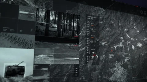 Map graphics provide information about the position of the rival military base Stock Footage 272219204