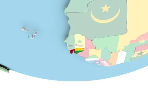 Map of Guinea-Bissau with flag on globe Stock Illustration