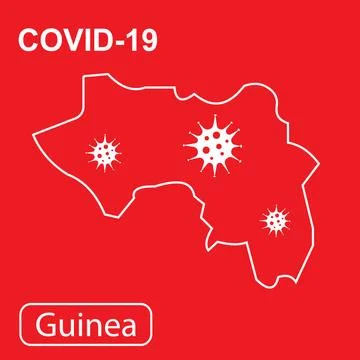 Map of Guinea labeled COVID-19. White outline map on a red background. Stock Illustration
