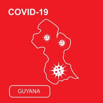 Map of Guyana labeled COVID-19. White outline map on a red background. Stock Illustration