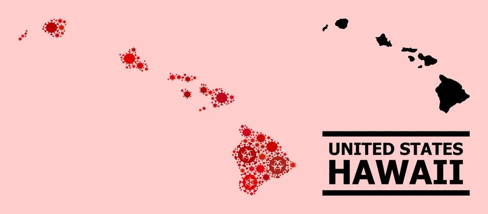 Map of Hawaii State - Composition with Coronavirus Biohazard Infection Icons Stock Illustration