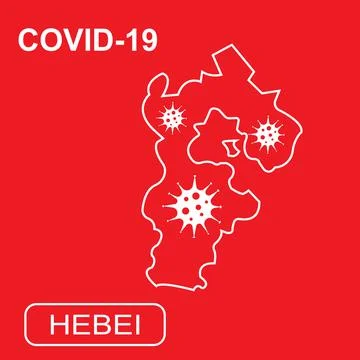 Map of Hebei labeled COVID-19. White outline map on a red background. Stock Illustration