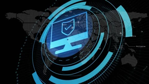 Map highlight causing central HUD rotating rings and monitor-shield scanning Stock Footage 331789273