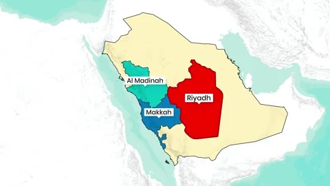 Map highlighting Riyadh, Al Madinah, and Makkah regions within Saudi Arabia Stock Footage 335089220