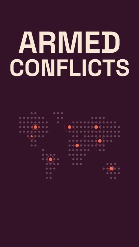 Map highlighting various armed conflicts across the globe through visual markers Video stock 347002464