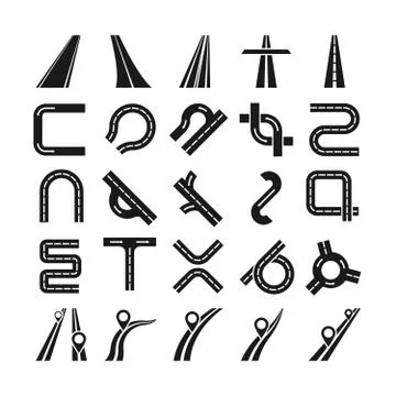 Map highway path symbols. Black truck road vector icons isolated Illustrazione stock
