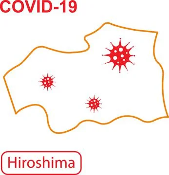 Map of Hiroshima labeled COVID-19. Orange outline map on a white background. Stock Illustration