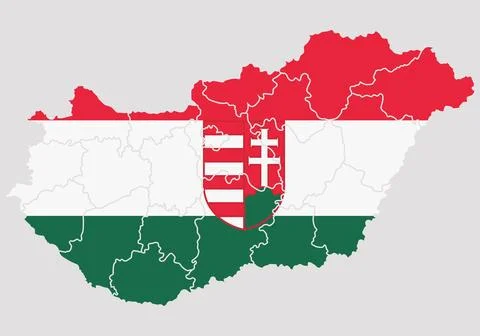 Map of Hungary with flag and coat of arms. Stock Illustration