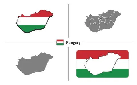 Map of Hungary with national flag and state regions in vector set Stock Illustration