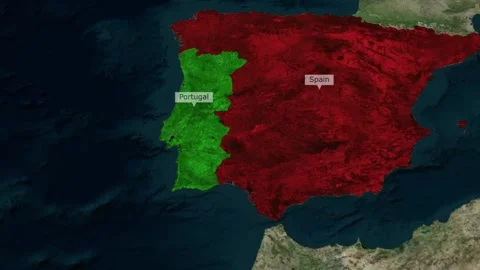 Map of the iberian peninsula highlighting spain and portugal from satellite view Stock Footage 345991700
