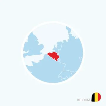 Map icon of Belgium. Blue map of Europe with highlighted Belgium in red color Stock Illustration