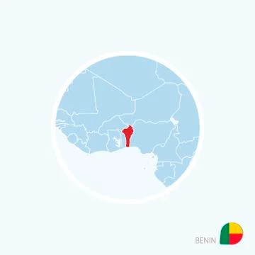 Map icon of Benin. Blue map of West Africa with highlighted Benin in red colo Stock Illustration