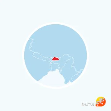 Map icon of Bhutan. Blue map of South Asia with highlighted Bhutan in red col Stock Illustration