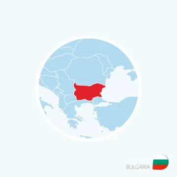 Map icon of Bulgaria. Blue map of Europe with highlighted Bulgaria in red col Stock Illustration
