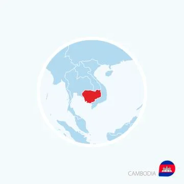 Map icon of Cambodia. Blue map of Asia with highlighted Cambodia in red color Stock Illustration