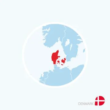 Map icon of Denmark. Blue map of Europe with highlighted Denmark in red color Stock Illustration